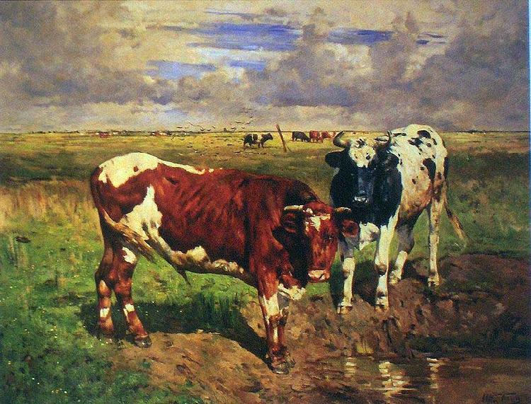 unknow artist Young bulls at a watering place oil painting image